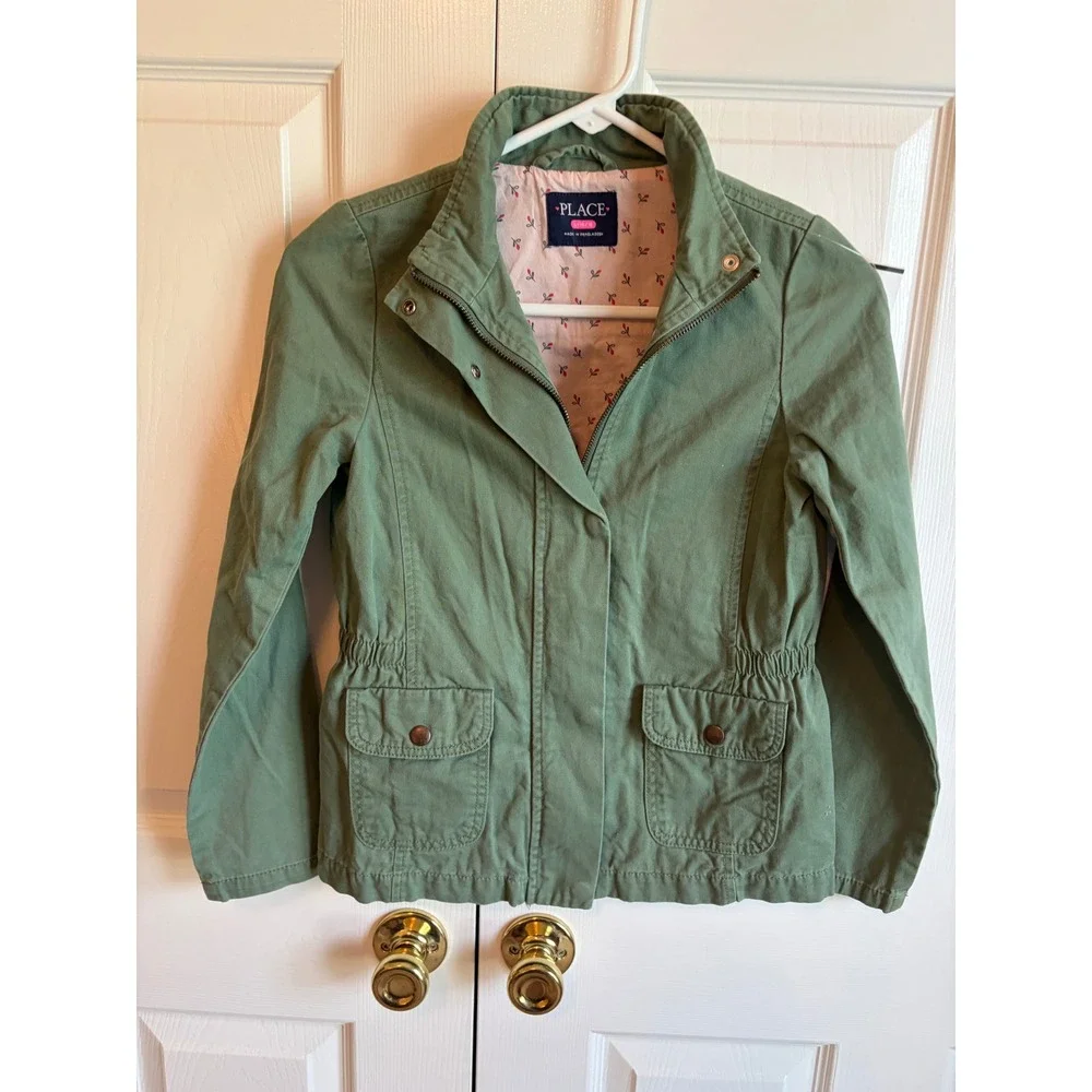The Childrens Place Girls Green Utility Field Jacket Size L 10/12 Cotton Coat